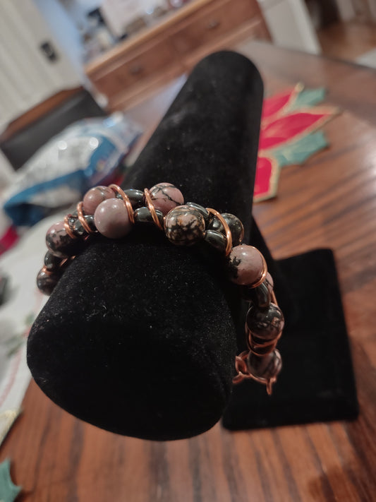 Rhodolite and Hematite beaded and Wire Wrapped bracelet