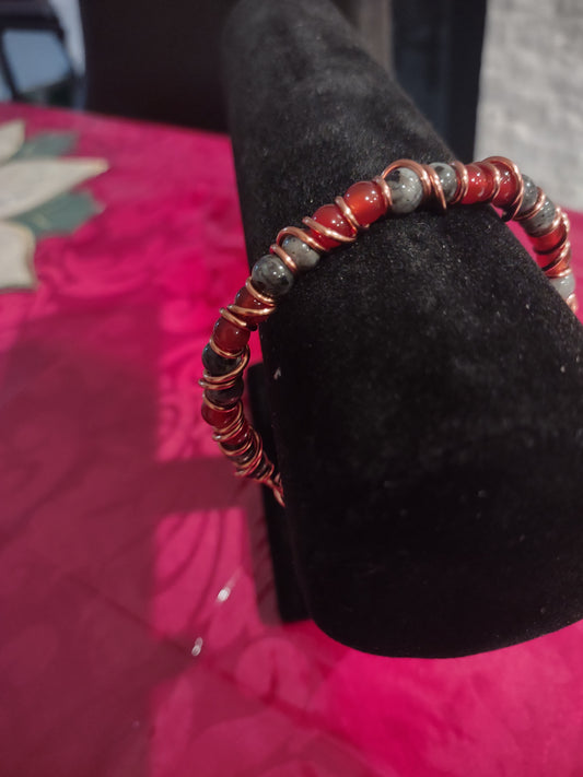 Carnelian and Larvikite wire Wrapped bracelet