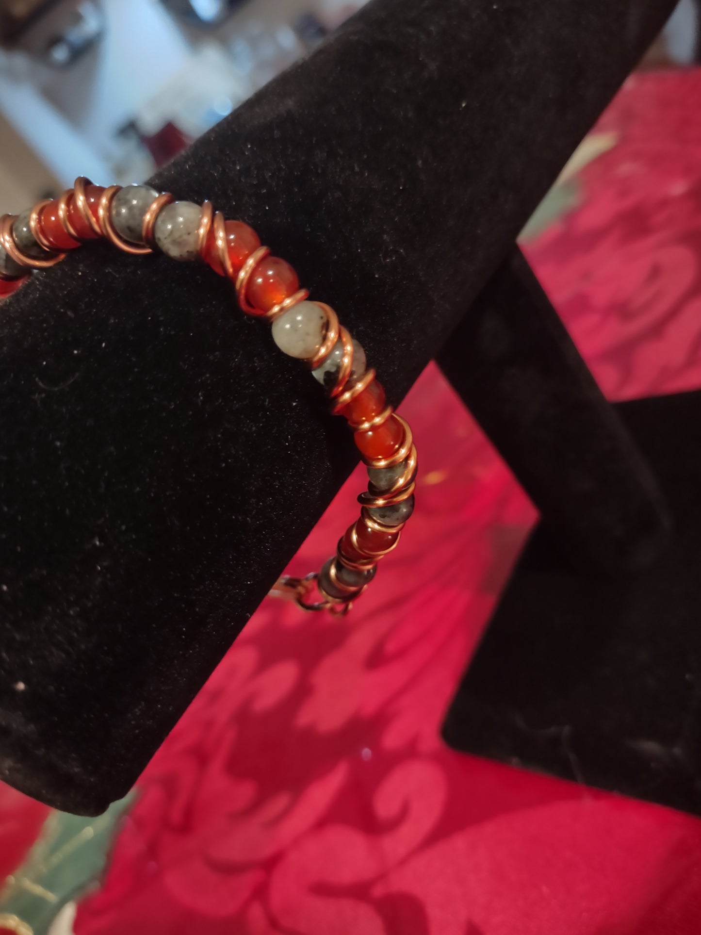 Carnelian and Larvikite wire Wrapped bracelet