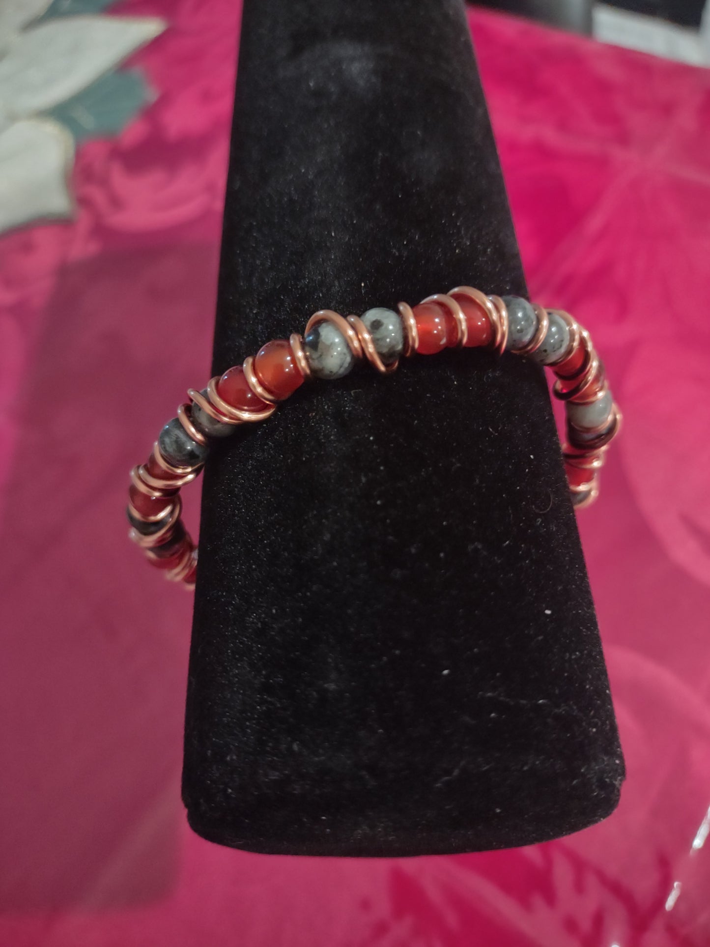 Carnelian and Larvikite wire Wrapped bracelet